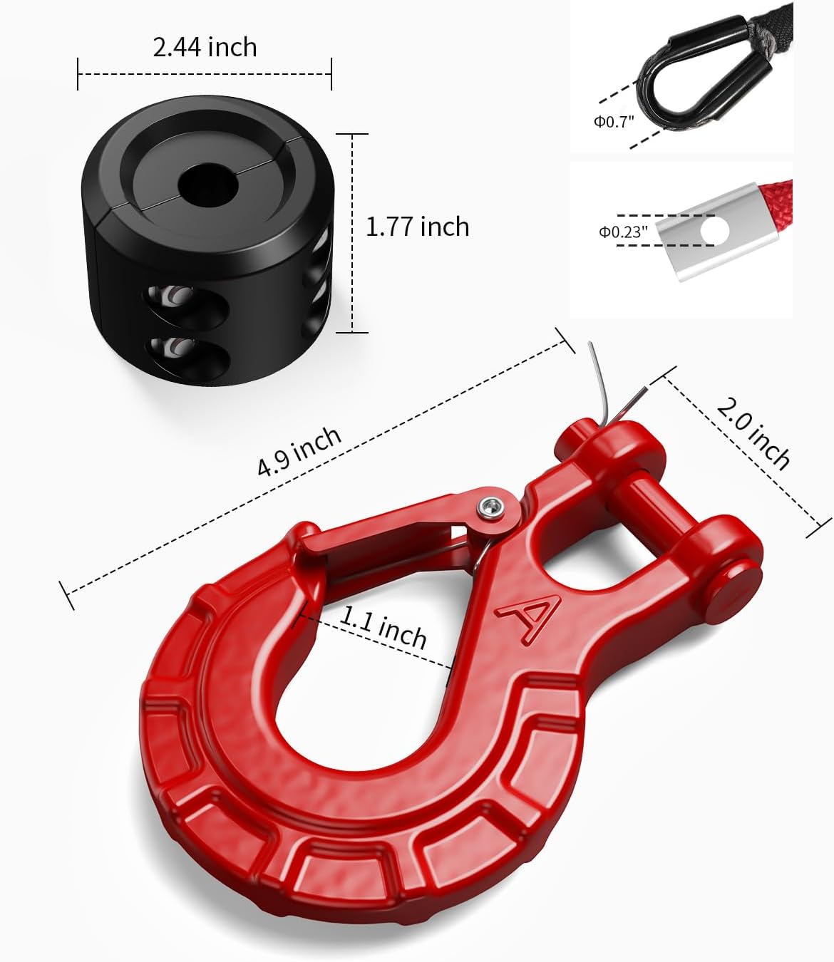 Kolvoii Synthetisches Windenseil-Set, 1/4" x 50ft 9.650lbs Windenseil mit Stahlhaken, Schutzhülle und Windenseilstopper für ATV UTV Off-Road Fahrzeuge etc. (Graues Seil, Schwarzer Haken)