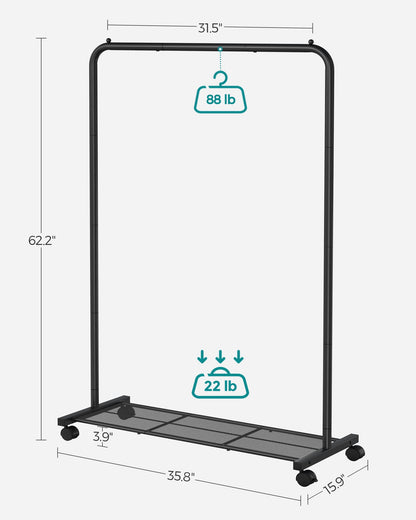 SONGMICS Clothes Rack with Wheels, Clothing Rack for Hanging Clothes, 25.4 mm Metal Garment Rack with Dense Mesh Storage Shelf, 110 lb Load Capacity, 2 Brakes, Black UHSR25BK