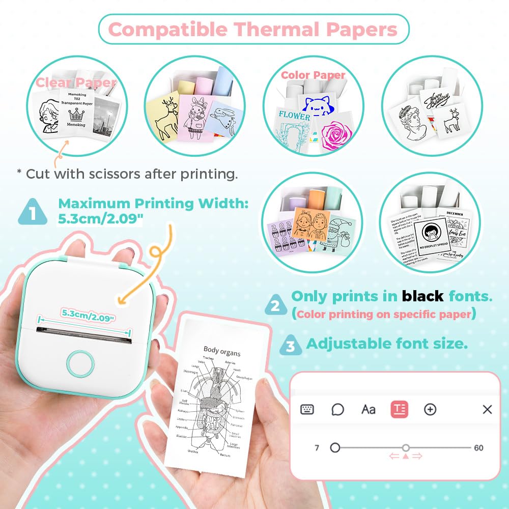Memoking Mini-Drucker - T02 Aufkleberdrucker, Druckkapsel, tragbarer thermischer tintenloser Aufkleberhersteller, Bluetooth-Taschen-Minifotodrucker, Sofortdruck, Smart AI APP, für Studentenstudiennotizen, Tagebuch, Heimwerker, Geschenk