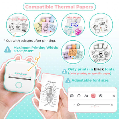 Memoking Mini-Drucker - T02 Aufkleberdrucker, Druckkapsel, tragbarer thermischer tintenloser Aufkleberhersteller, Bluetooth-Taschen-Minifotodrucker, Sofortdruck, Smart AI APP, für Studentenstudiennotizen, Tagebuch, Heimwerker, Geschenk
