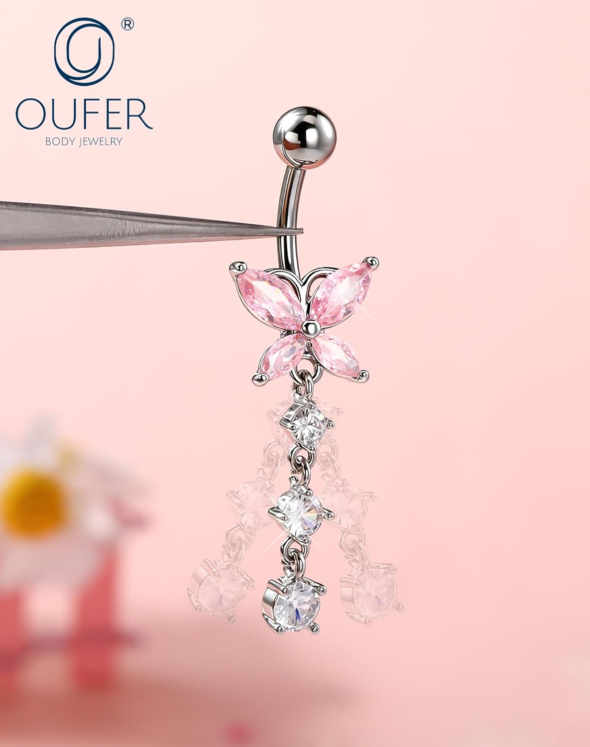 OUFER 5x Bauchnabelpiercings baumelnd – 14G Chirurgischer Stahl Bauchnabelpiercing, Hypoallergener Bauchnabelring mit Zirkonia Schmetterling Blume Tropfen Langhantel für Strand, Festival, Fitnessstudio