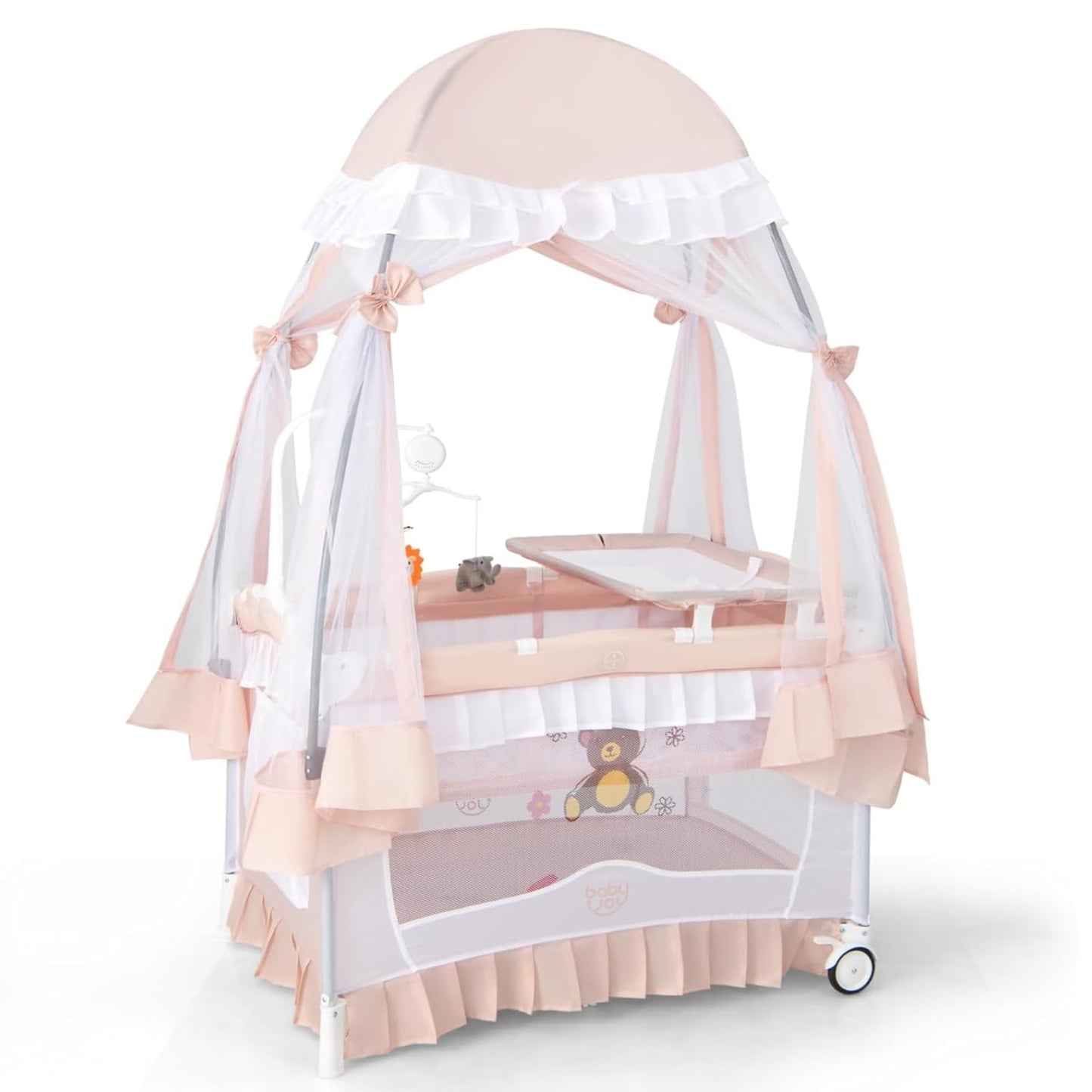 BABY JOY 4 in 1 Pack and Play with Canopy, Portable Baby Playard with Bassinet, Double-Layer Baby Crib, Wheels & Brake, Foldable Baby Girl Pink Bassinet from Newborn to Toddler