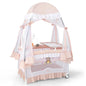 BABY JOY 4 in 1 Pack and Play with Canopy, Portable Baby Playard with Bassinet, Double-Layer Baby Crib, Wheels & Brake, Foldable Baby Girl Pink Bassinet from Newborn to Toddler