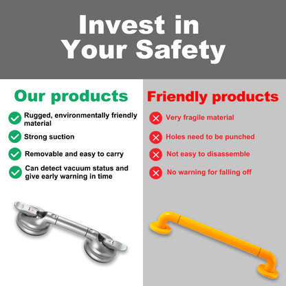 15-Inch Shower Handle - Upgraded Grab Bar with Strong Suction Cups for Bathtub & Shower Safety, Ideal for Seniors, Elderly, Disabled -Silver