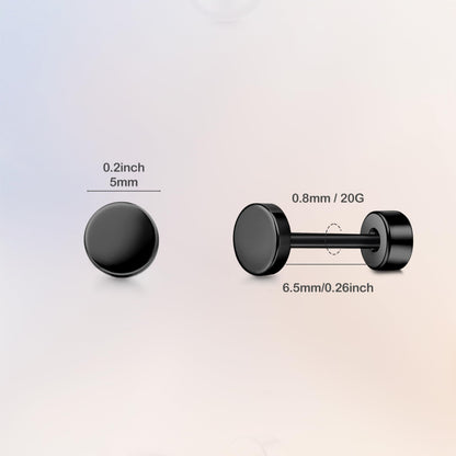 TitanHeart Hypoallergene Titan Ohrstecker Schraubverschluss Flachpunkt-Ohrstecker 3mm-5mm Einfache Klassische Helix Tragus Knorpel Ohrläppchen Ohrstecker für Frauen Männer (Schwarz, 5mm)