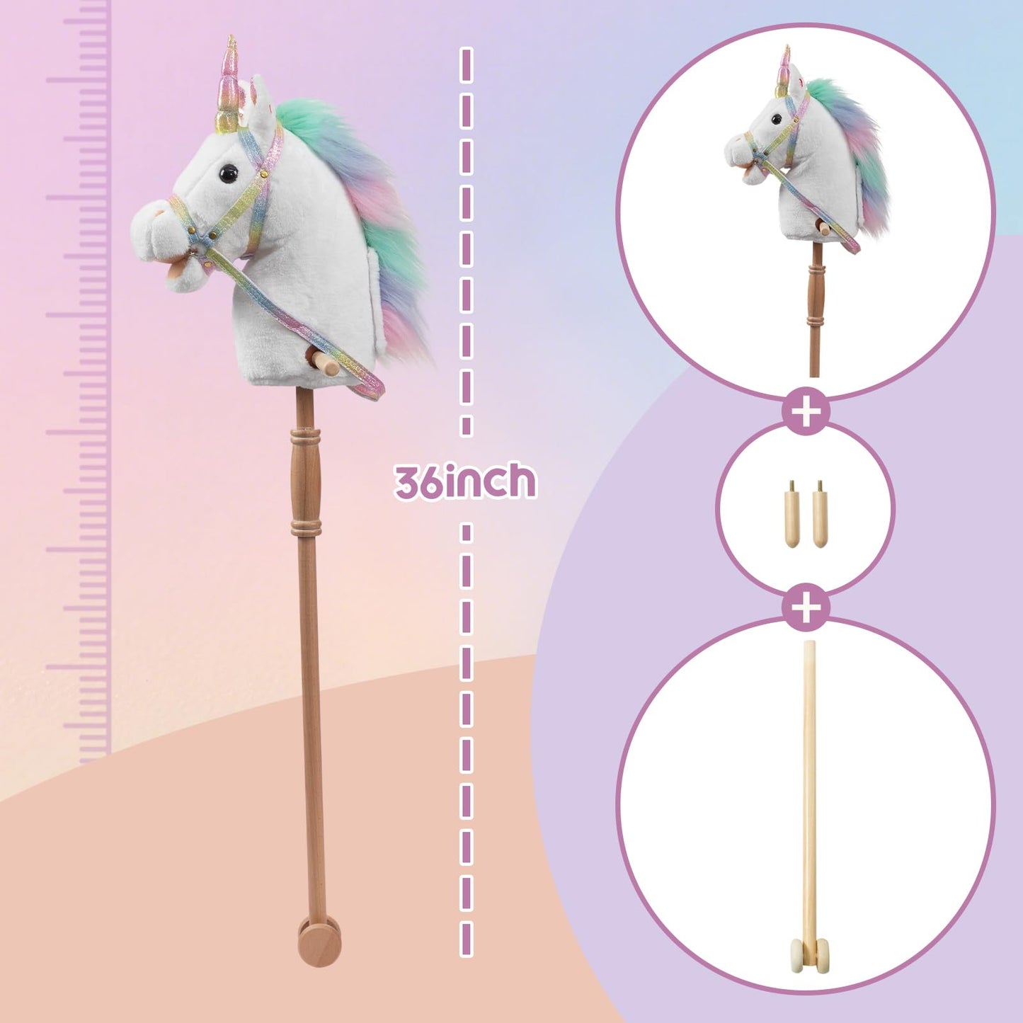 HollyHOME Plüsch Einhorn Steckenpferd mit Holzrädern Echten Pony Wiehern und Galoppieren Geräuschen Plüschtier Rosa 94 cm (AA Batterien Benötigt)
