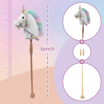 HollyHOME Plüsch Einhorn Steckenpferd mit Holzrädern Echten Pony Wiehern und Galoppieren Geräuschen Plüschtier Rosa 94 cm (AA Batterien Benötigt)
