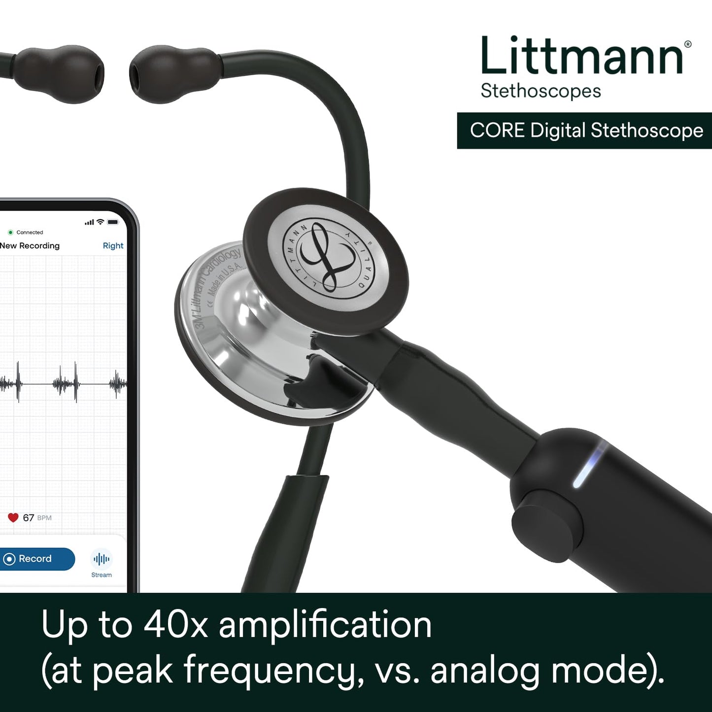 3M Littmann CORE Digital Stethoscope, Our Most Advanced Stethoscope Yet, Up To 40x Amplification, Active Noise Cancellation, In-App Sound Wave Visualization, High Polish Copper Chestpiece, 8870