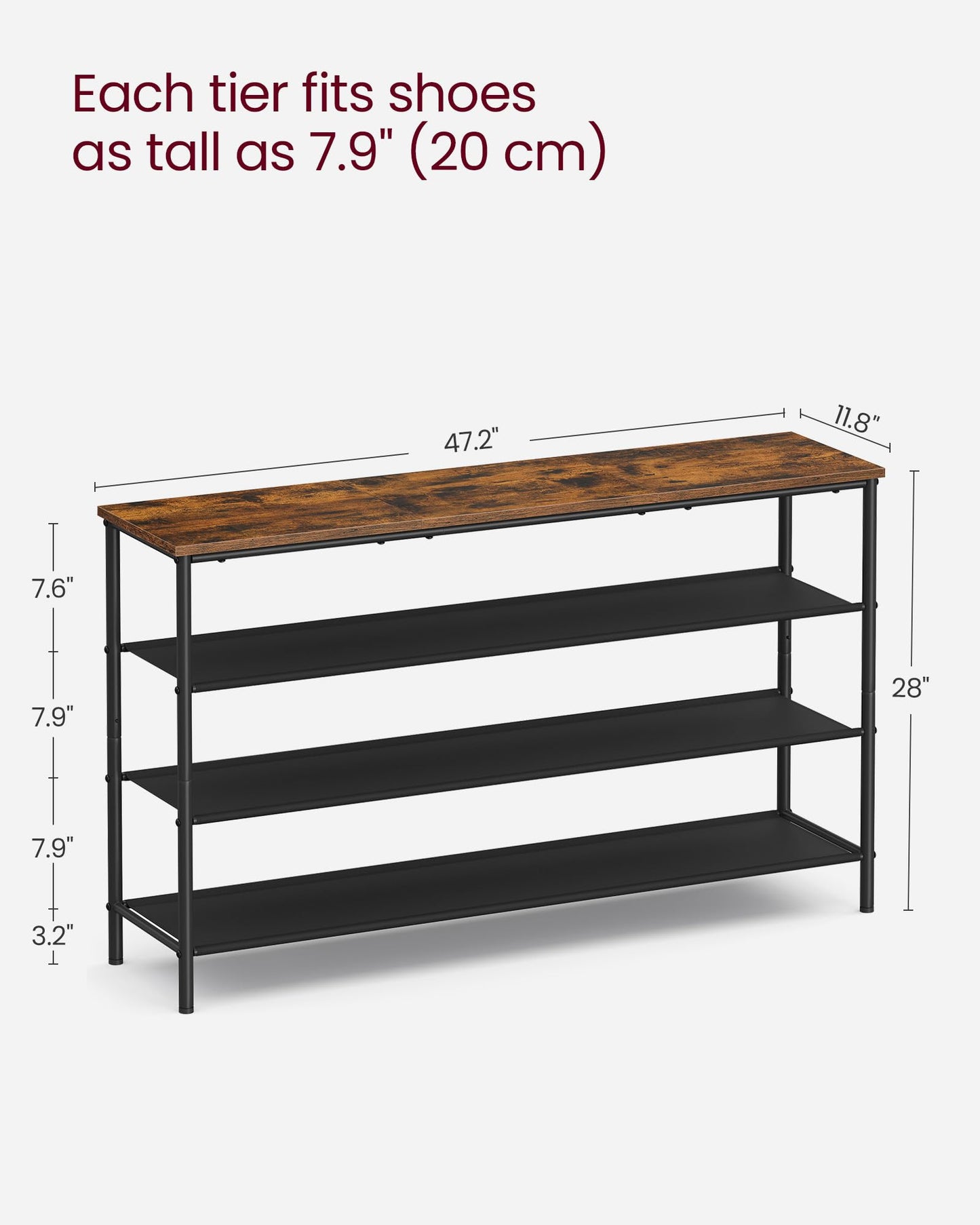 VASAGLE Shoe Rack, 4-Tier Shoe Storage Organizer for Entryway and Closet, Holds 9-12 Pairs of Shoes, 3 Fabric Shelves, Steel Frame, Industrial, Rustic Brown and Black ULBS035B01