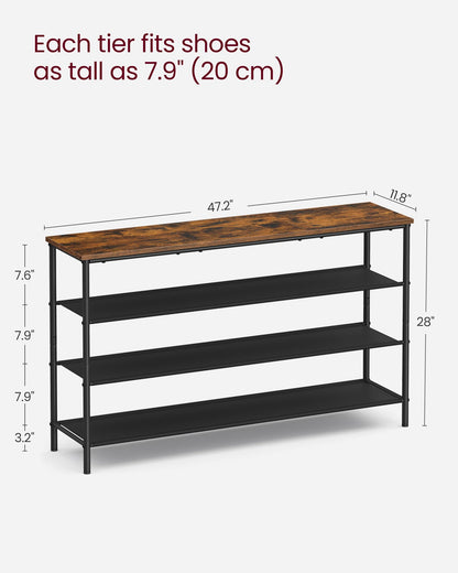 VASAGLE Shoe Rack, 4-Tier Shoe Storage Organizer for Entryway and Closet, Holds 9-12 Pairs of Shoes, 3 Fabric Shelves, Steel Frame, Industrial, Rustic Brown and Black ULBS035B01