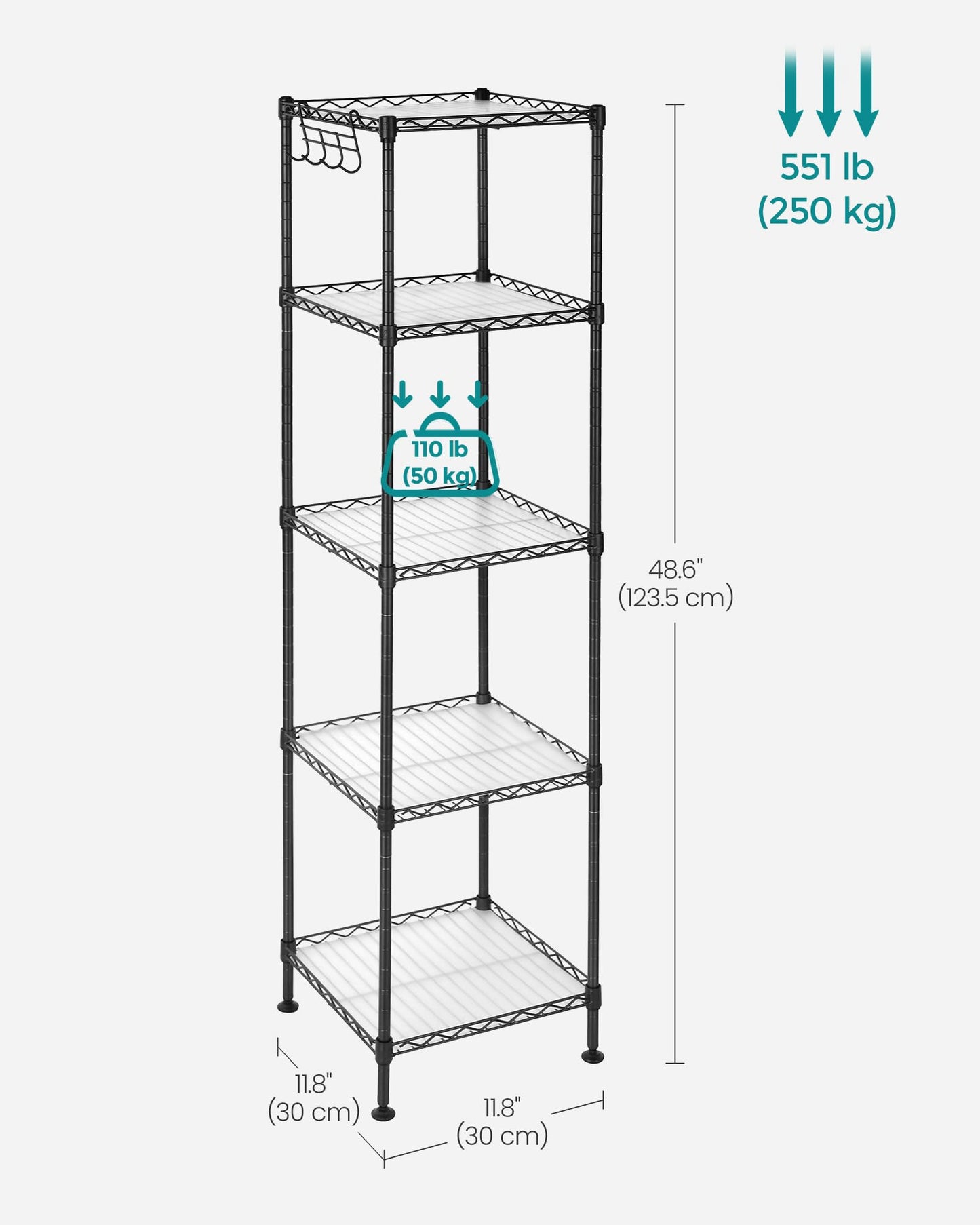 SONGMICS Storage Shelf, Small Metal Wire Shelving Unit, Adjustable Shelves, for Small Spaces, Garage, Bedroom, Living Room, Kitchen, Pantry, 5 Tier, 11.8 x 11.8 x 47.6 Inches, Ink Black ULGR123BH01
