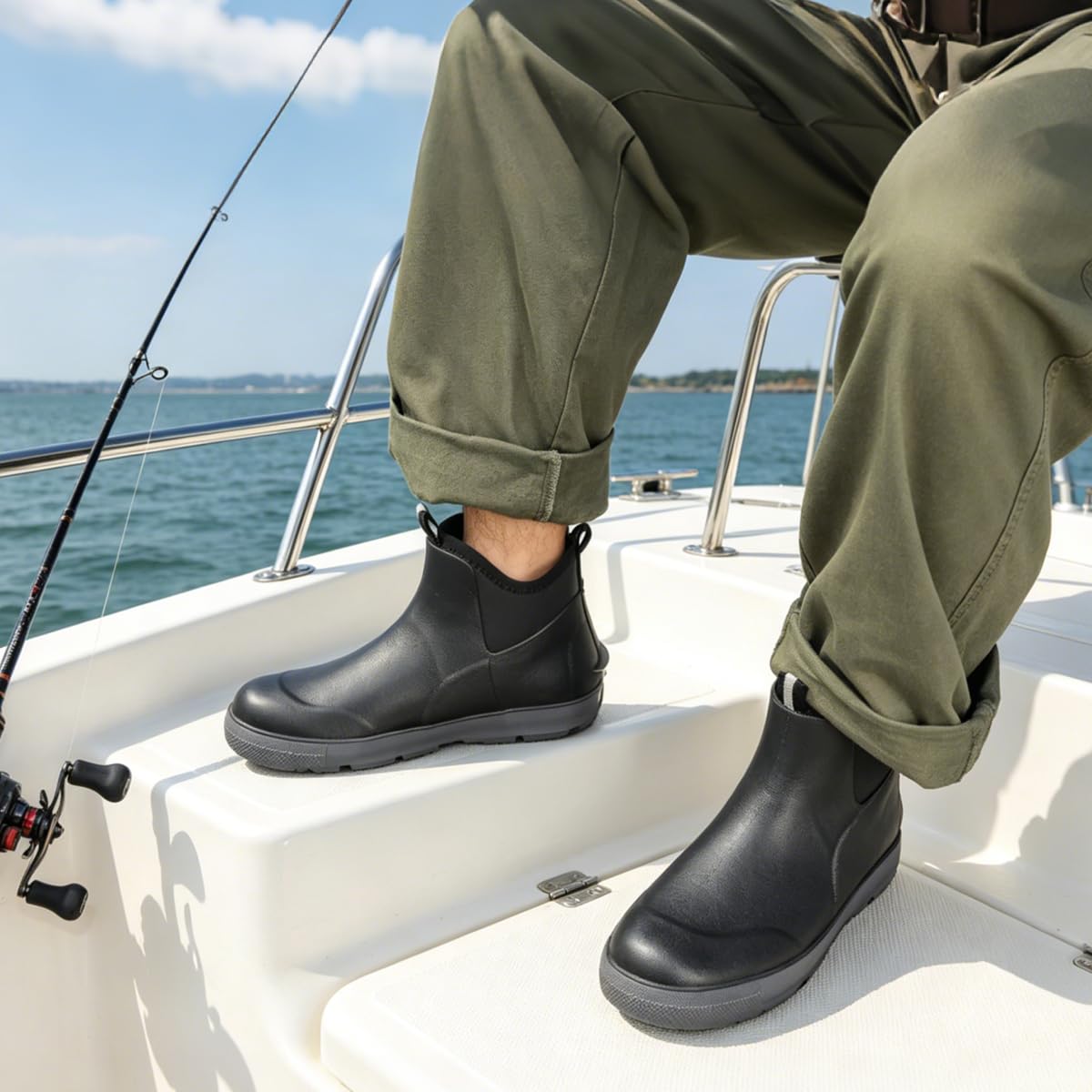 Men's Deck Boots, Waterproof Ankle Rain Boots with Anti-Slip Traction, Rubber Garden & Fishing Boots for Boating, Camping, Farming & Outdoor Work