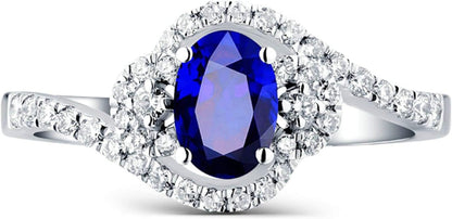 Aienid 18Ct White Gold Promise Ring Oval Cut Blue Sapphire with Diamond Engagement Ring for Her