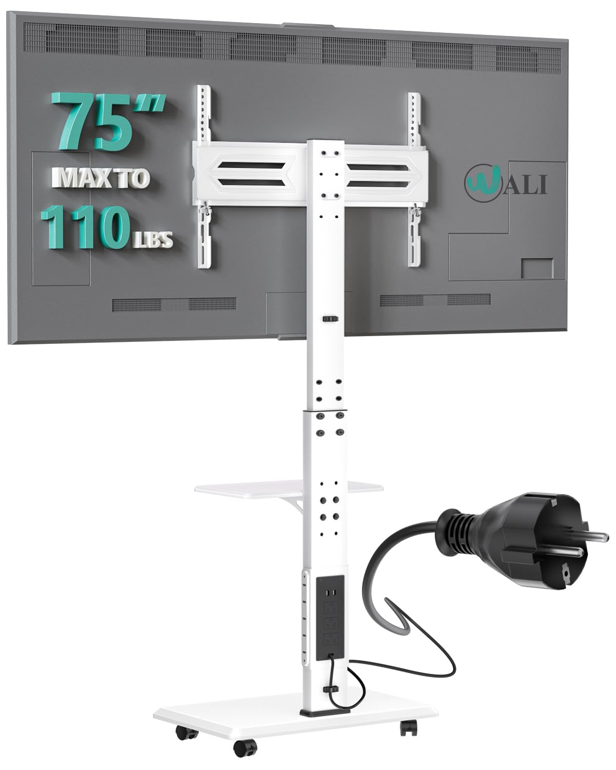 WALI Rolling TV Stand with Power Outlet & AV Shelf, Mobile Tall TV Stand Mount on Wheels for 34-75 inch TV up to 110 lbs, Swivel Height Adjustable TV Cart with Wood Base for Bedroom(TVDVD-6PRW), White