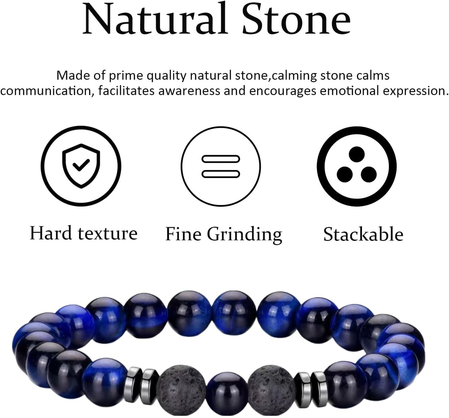 Tigerauge Armband für Herren 8MM Natursteinperlen Armband Set Stretch Lava Stein Armbänder Verstellbares Schwarzes Kristallperlenarmband für Herren Damen Geschenke