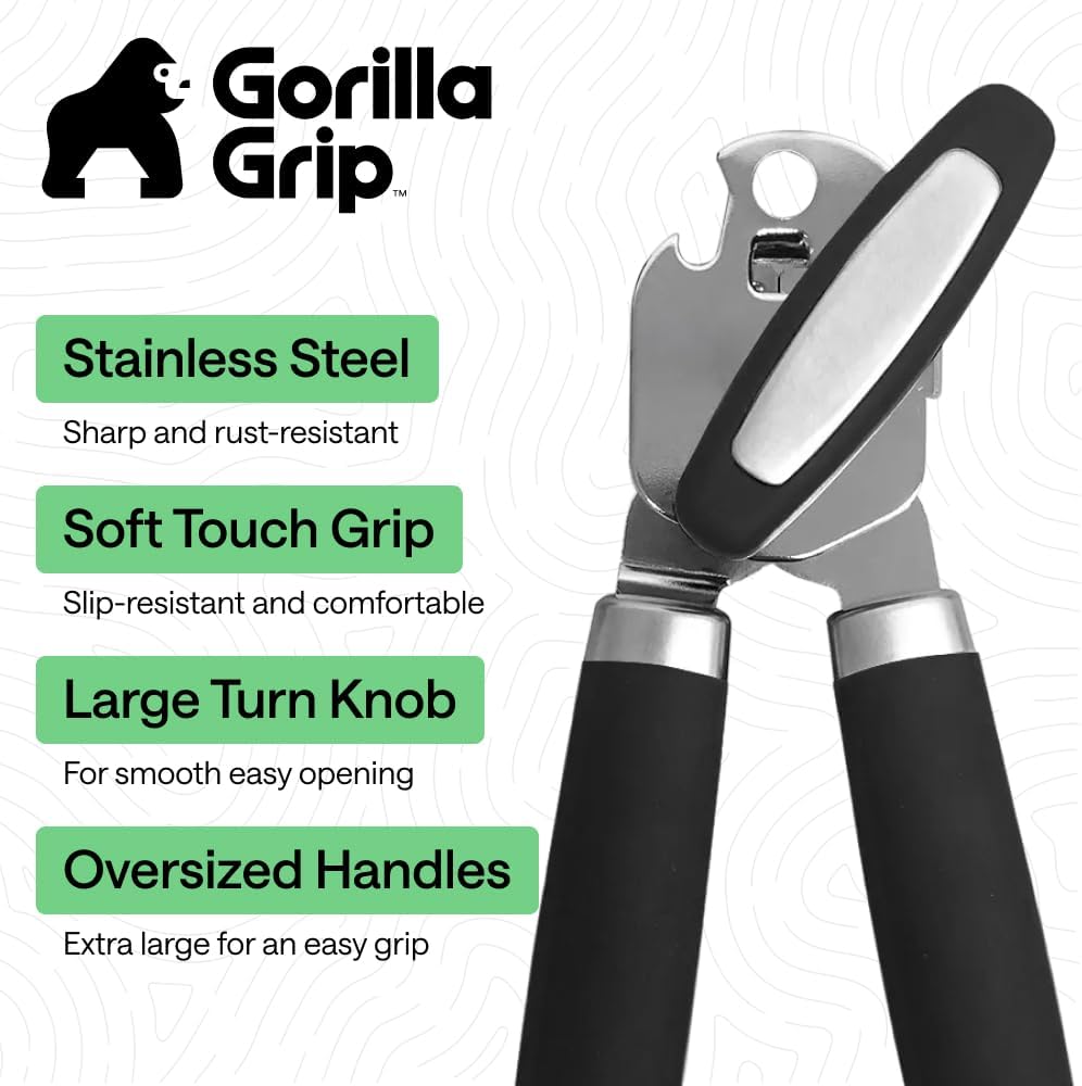 GORILLA GRIP Robuster manueller Dosenöffner, Flaschenöffner aus Edelstahl, öffnet Dosen mühelos, scharfe Klinge mit glattem Schnitt, leicht drehbarer Knopf für Senioren mit Arthritis, Küchenhelfer, Schwarz