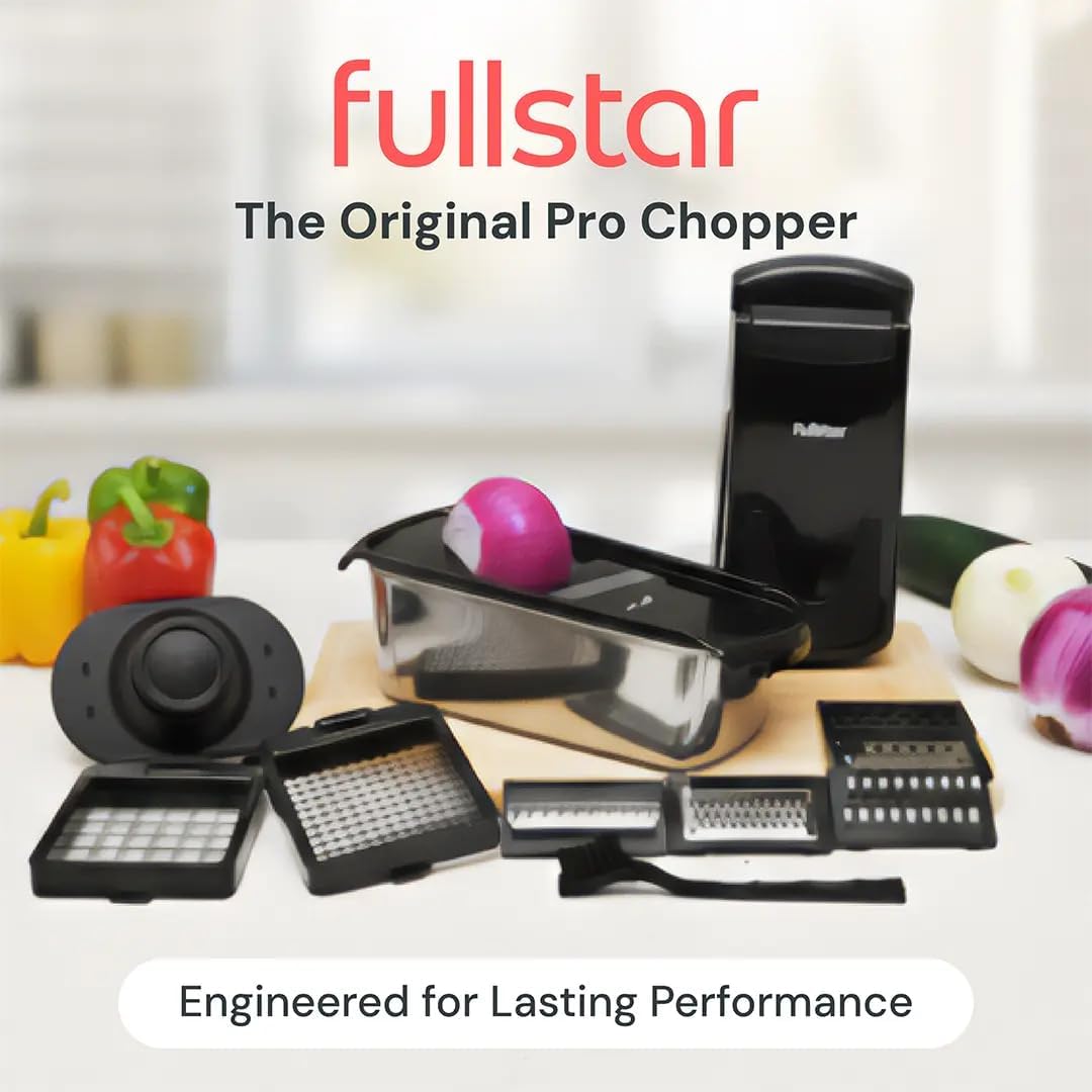 Fullstar Gemüsehacker und Mandolinenschneider - Julienne-Schneider, Würfelschneider, Reibe für Lebensmittel, Gemüse, Zwiebeln, Gurken, Tomaten, Salat, Kartoffeln, Käse - Küchenutensilien & Gadgets (Kompakt 6-in-1, Weiß)