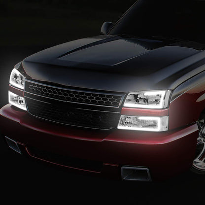 DNA MOTORING HL-LB-CSIL03-BK-CL1 Black Housing 3D LED DRL Headlight Bumper Lamp Set Compatible with 03-06 Silverado 1500-3500 / Avalanche 1500 2500