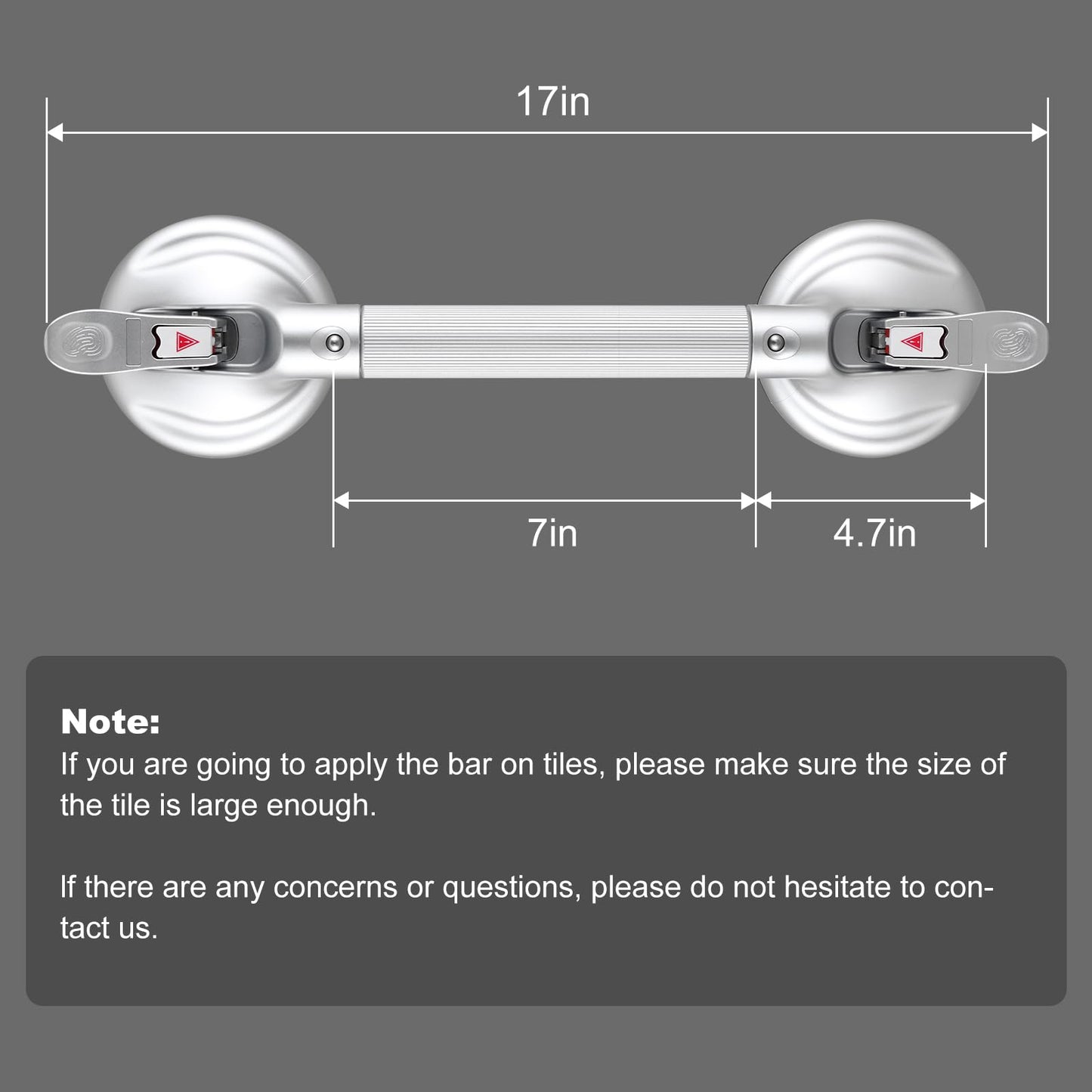 15-Inch Shower Handle - Upgraded Grab Bar with Strong Suction Cups for Bathtub & Shower Safety, Ideal for Seniors, Elderly, Disabled -Silver