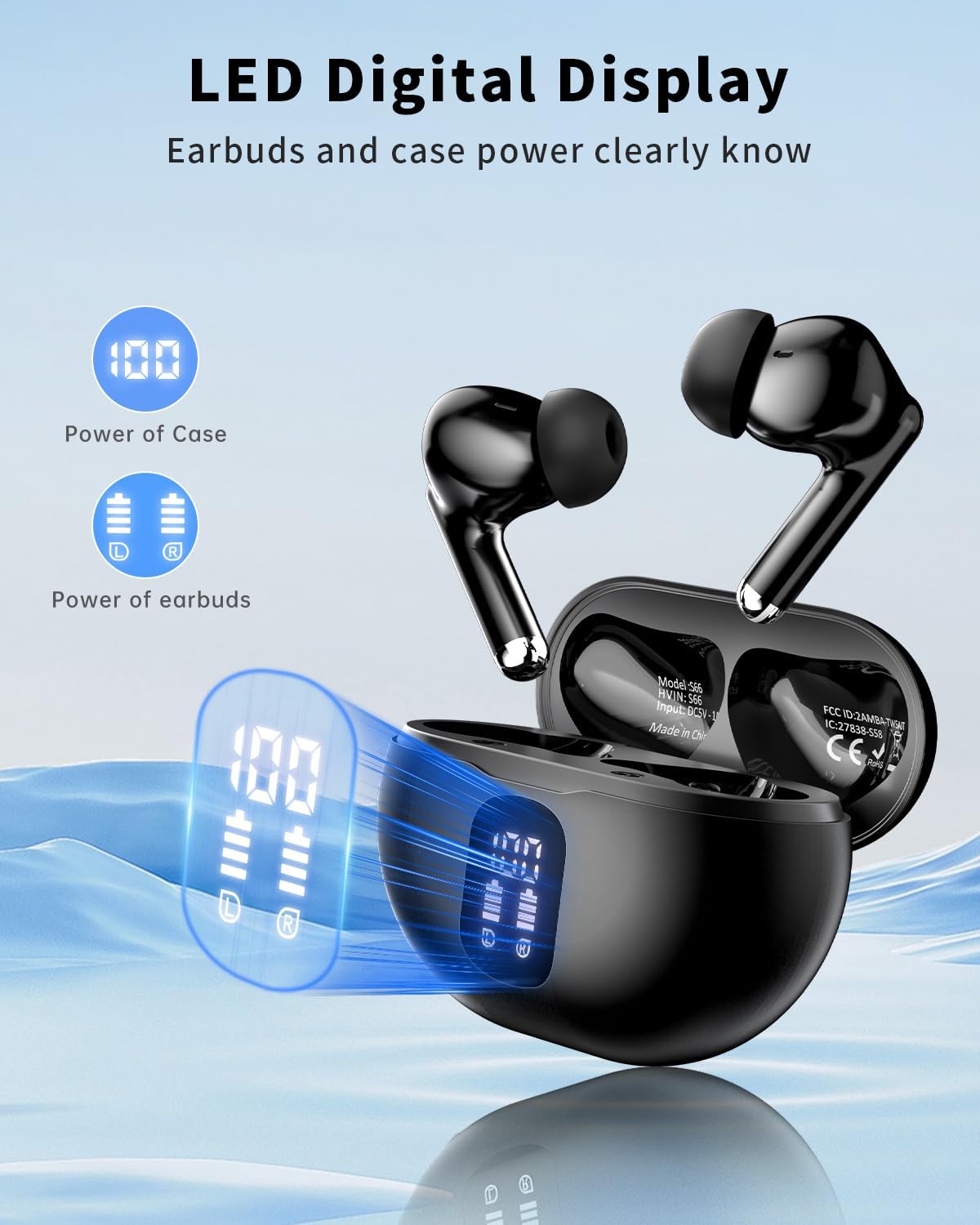 Wireless Earbuds, Bluetooth 5.4 Headphones with 50H Playback, Deep Bass Stereo Ear Buds Clear Calls with LED Power Display, Wireless Headphones with Noise Cancelling Mic for Phone/Laptop, Carbon black