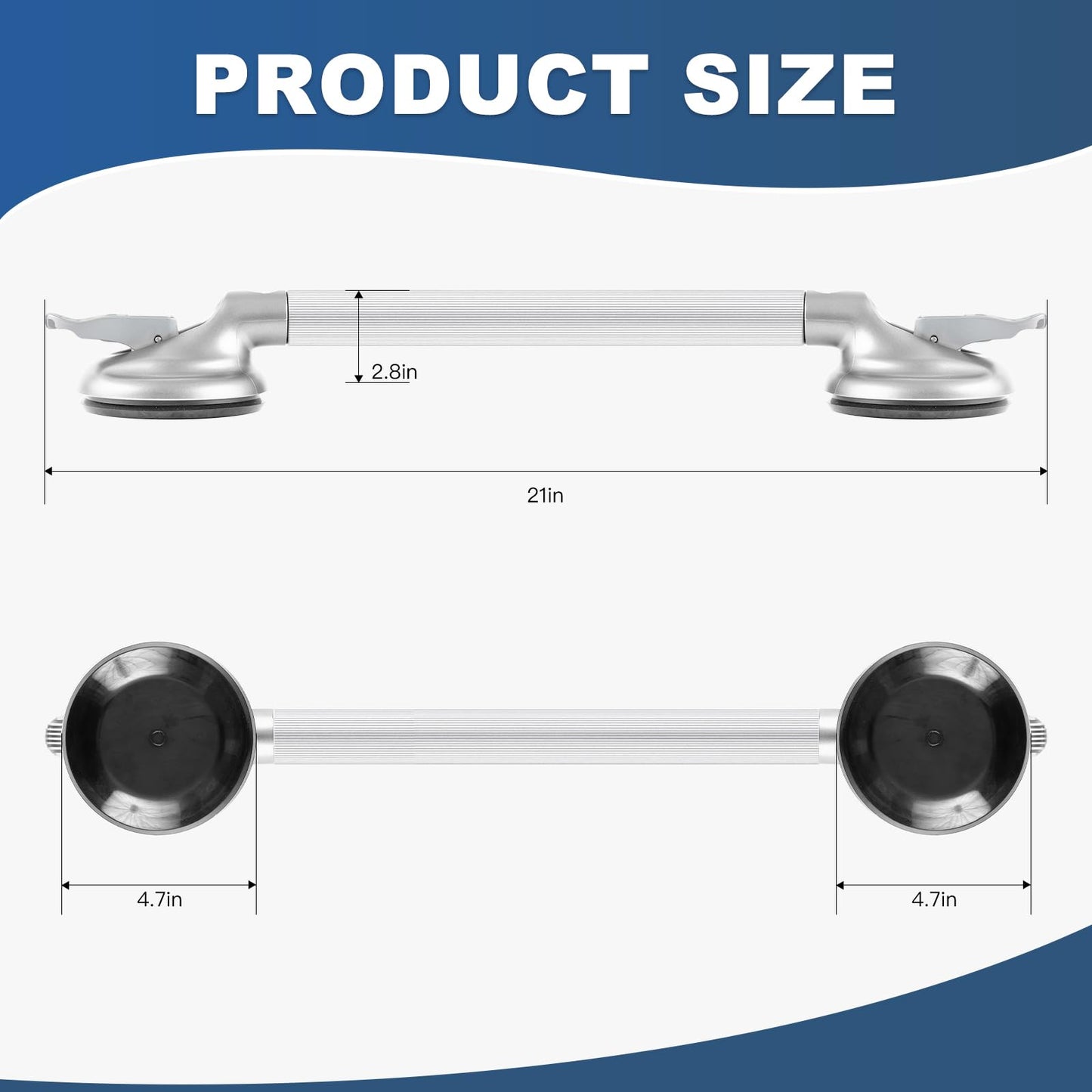 15-Inch Shower Handle - Upgraded Grab Bar with Strong Suction Cups for Bathtub & Shower Safety, Ideal for Seniors, Elderly, Disabled -Silver