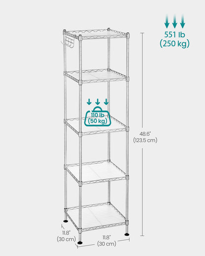 SONGMICS Storage Shelf, Small Metal Wire Shelving Unit, Adjustable Shelves, for Small Spaces, Garage, Bedroom, Living Room, Kitchen, Pantry, 5 Tier, 11.8 x 11.8 x 47.6 Inches, Ink Black ULGR123BH01