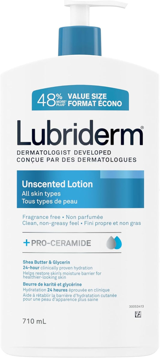 Lubriderm Unscented Lotion, Shea Butter and Glycerin, Dry Skin, Hand, Face Moisturizer, Fragrance Free, 710mL