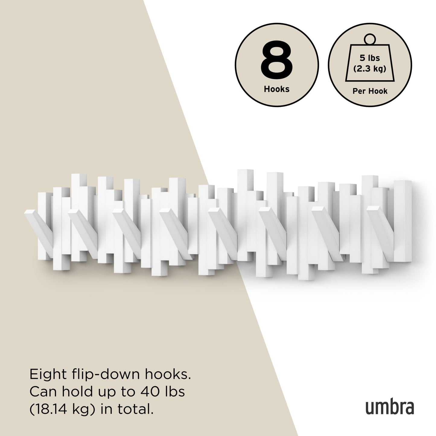 Umbra Sticks Wall-Mounted Coat Rack Rail Hook with 5 Retractable Pegs – Modern, Space-Saving Storage Organizer, Black