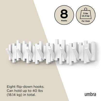 Umbra Sticks Wall-Mounted Coat Rack Rail Hook with 5 Retractable Pegs – Modern, Space-Saving Storage Organizer, Black