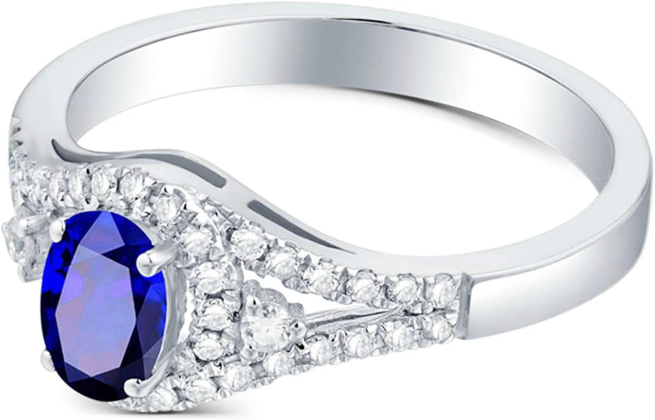 Aienid 18Ct White Gold Womens Ring Custom 0.51Ct Oval Blue Sapphire with White Diamond Wedding Rings for Women