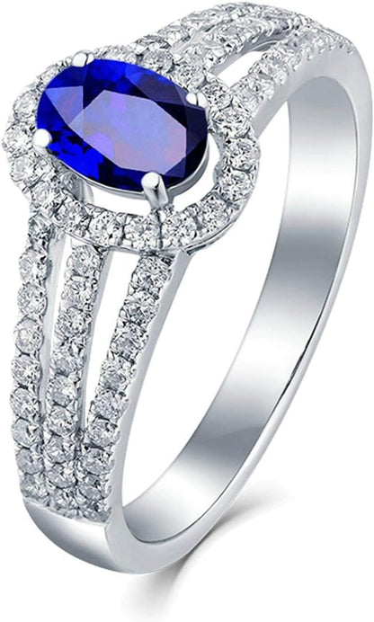Aienid 18Ct White Gold Engagement Rings Diamond Oval Cut Blue Sapphire Micro Pave Diamond Engagement Ring for Her
