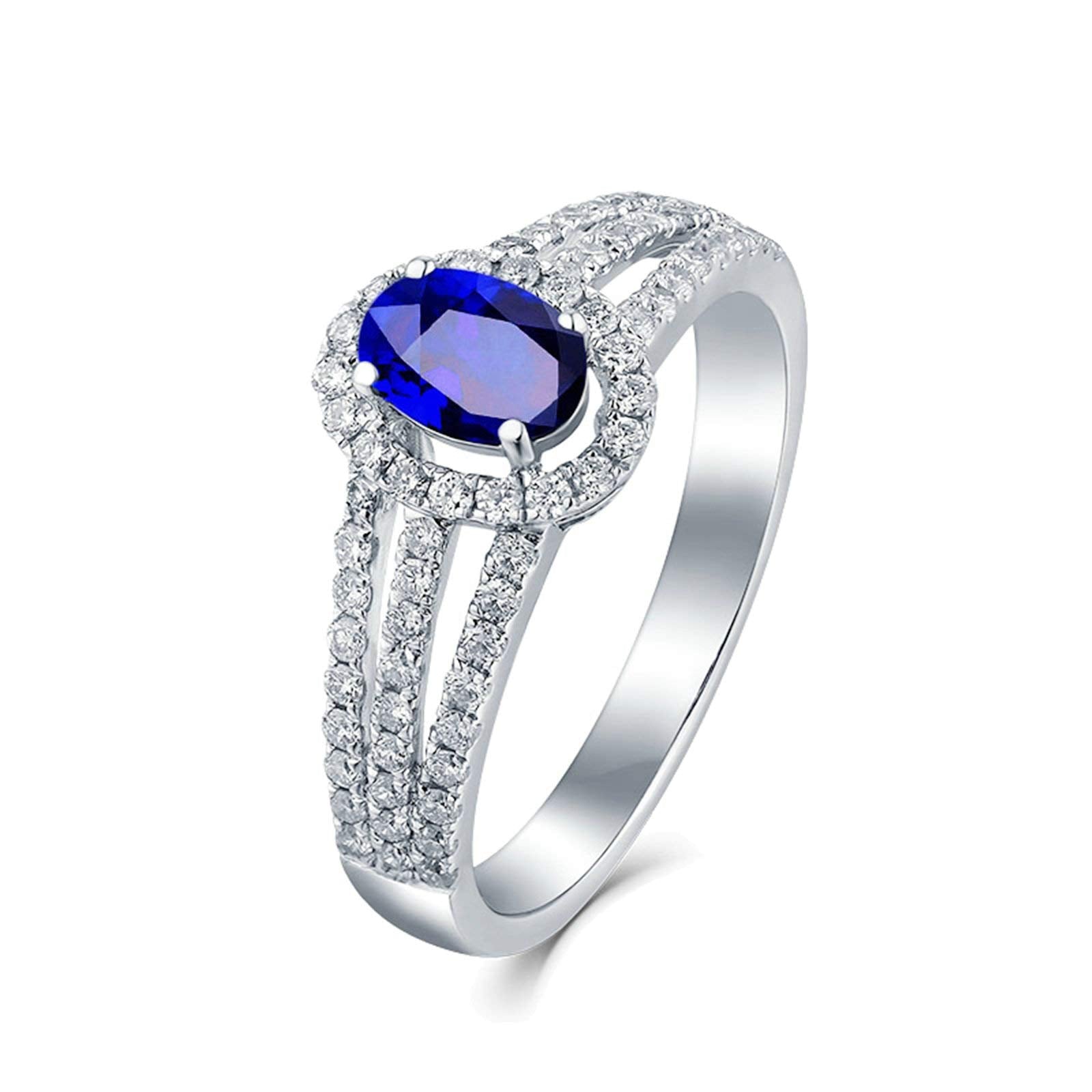 Aienid 18Ct White Gold Engagement Rings Diamond Oval Cut Blue Sapphire Micro Pave Diamond Engagement Ring for Her