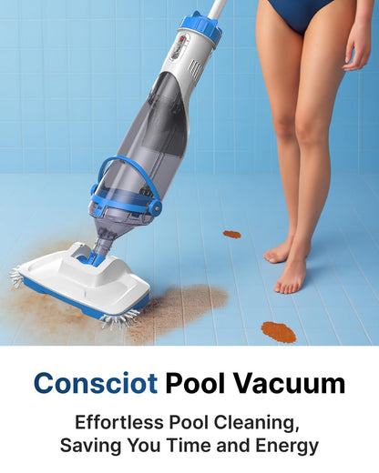 Cordless Pool Vacuum for Above Ground & Inground Pools, Consciot Handheld Rechargeable Pool Cleaner with 1110 GPH Suction, Telescopic Pole up to 87.5", 1H Runtime, See-Through Head for Debris & More