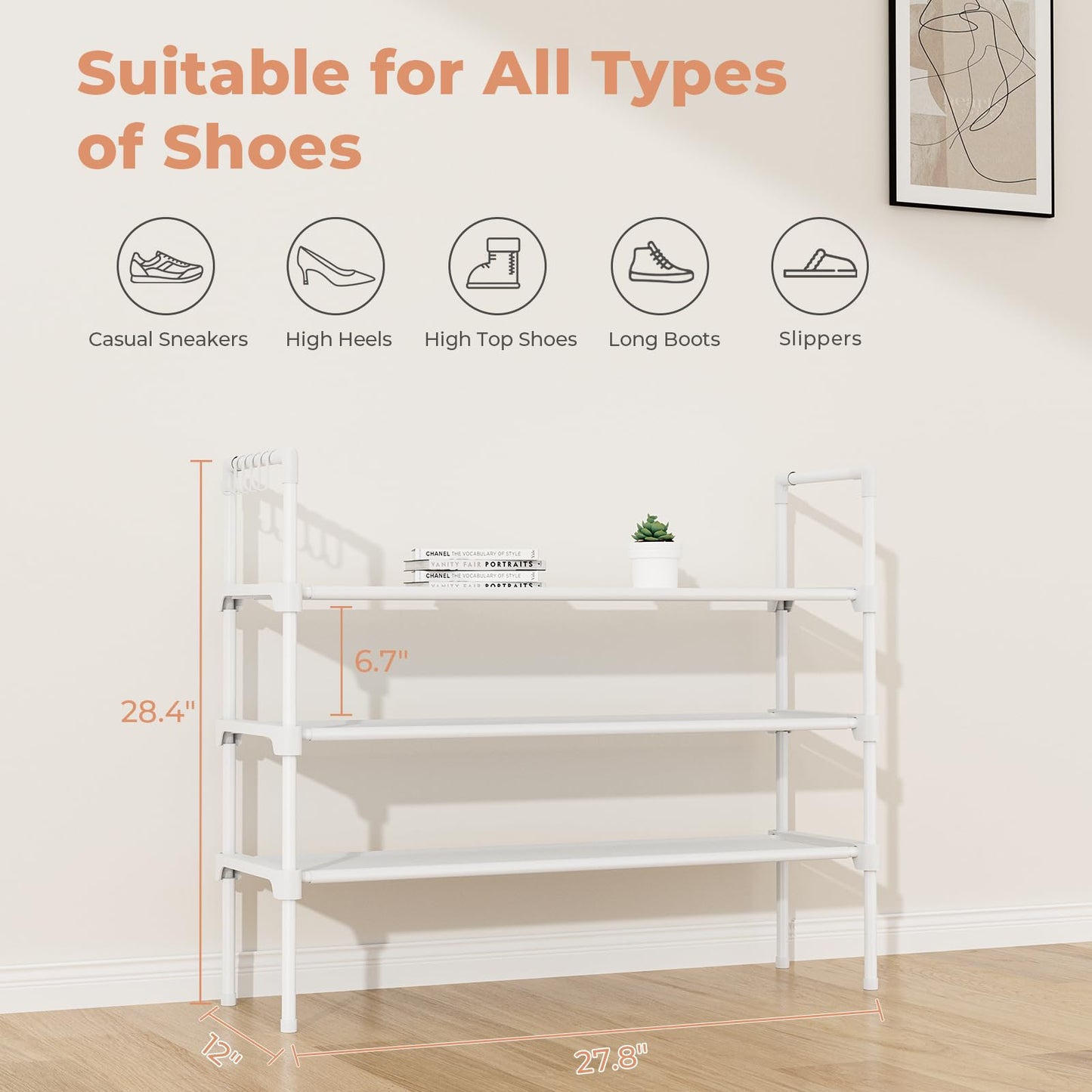 LANTEFUL 3 Tier Shoe Rack for Closet, Shoe Organizer with 5 Hooks, Long Shoe Shelf Storage for Sneaker and Boot Stackable Free Standing Shoe Rack for Entryway, Garage, Small Spaces, Dorm