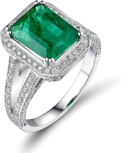 18K White Gold Ring Unisex 2.5ct Emerald Shape Emerald with 0.94ct Diamond Anniversary Ring for Girls