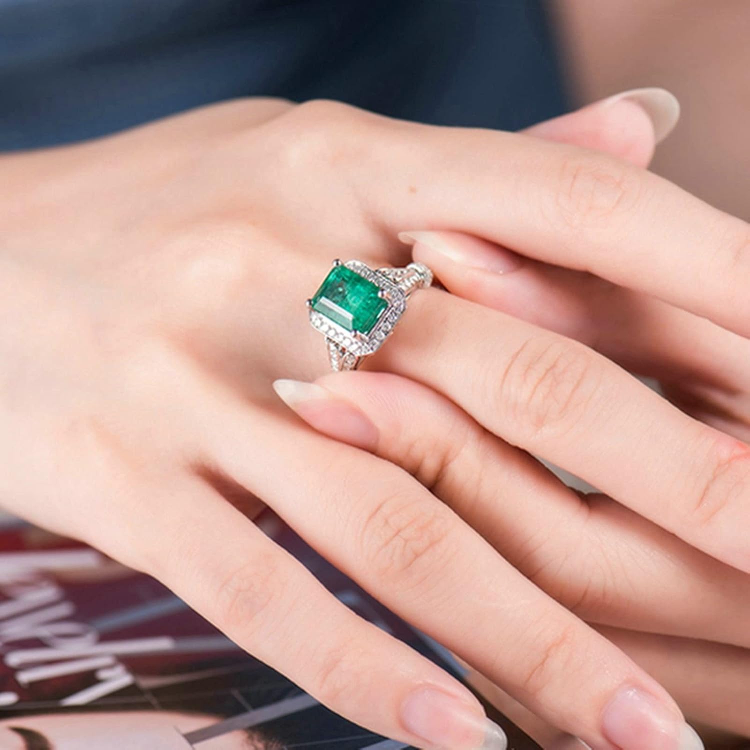 Aienid 18K Couple Wedding Bands White Gold 1.85ct Emerald Cut Emerald with 0.3ct Diamond Promise Ring for Girls