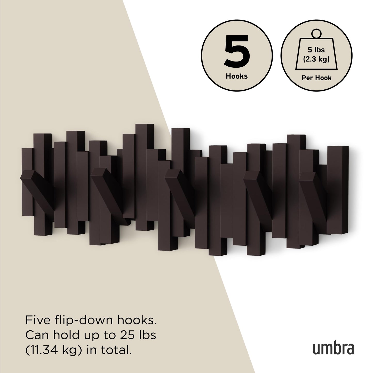 Umbra Sticks Wall-Mounted Coat Rack Rail Hook with 5 Retractable Pegs – Modern, Space-Saving Storage Organizer, Black