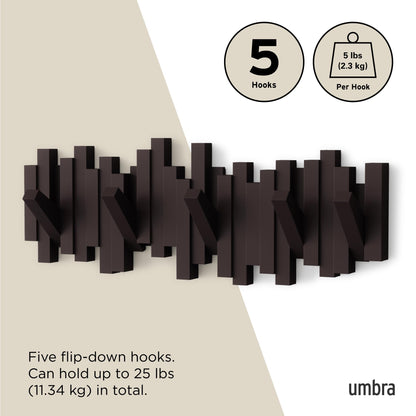 Umbra Sticks Wall-Mounted Coat Rack Rail Hook with 5 Retractable Pegs – Modern, Space-Saving Storage Organizer, Black