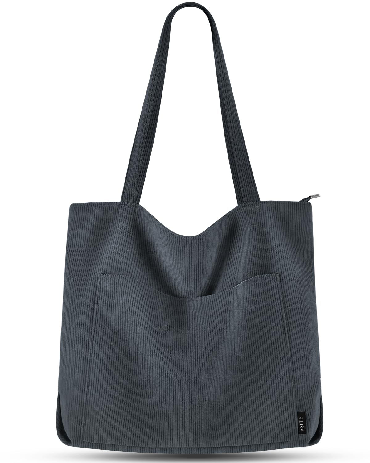 Prite Corduroy Tote Bag for Women Large Shoulder Bag with Zipper and Pockets for College Work Travel Shopping(Black)