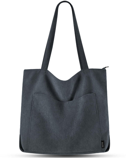 Prite Corduroy Tote Bag for Women Large Shoulder Bag with Zipper and Pockets for College Work Travel Shopping(Black)
