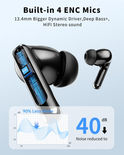 Wireless Earbuds, Bluetooth 5.4 Headphones with 50H Playback, Deep Bass Stereo Ear Buds Clear Calls with LED Power Display, Wireless Headphones with Noise Cancelling Mic for Phone/Laptop, Carbon black