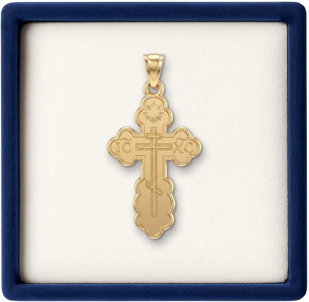 Cross+Crown Premium 14K Yellow Gold Orthodox Cross Pendant, Durable Double-Bonded 14K Pendant for Necklace, Women & Mens Gold Cross for Chain, Handcrafted Religious Jewelry in the USA with Premium Jewelry Box