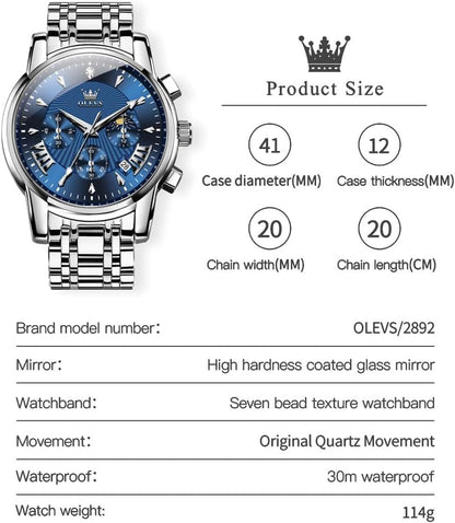 OLEVS Uhren für Herren Dresswatch mit Datumsanzeige Klassische Armbanduhren Multifunktionale leuchtende Herren Edelstahl-Armbanduhr Wasserdichter Chronograph Herren Business-Uhren