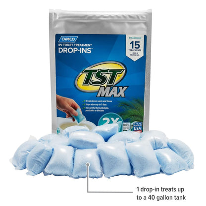Camco TST MAX RV Toilet Treatment Drop-INs - Control Unwanted Odors & Break Down Waste and Tissue - Safe Septic Tank Treatment - Orange Scent, 30-Pack (41183)