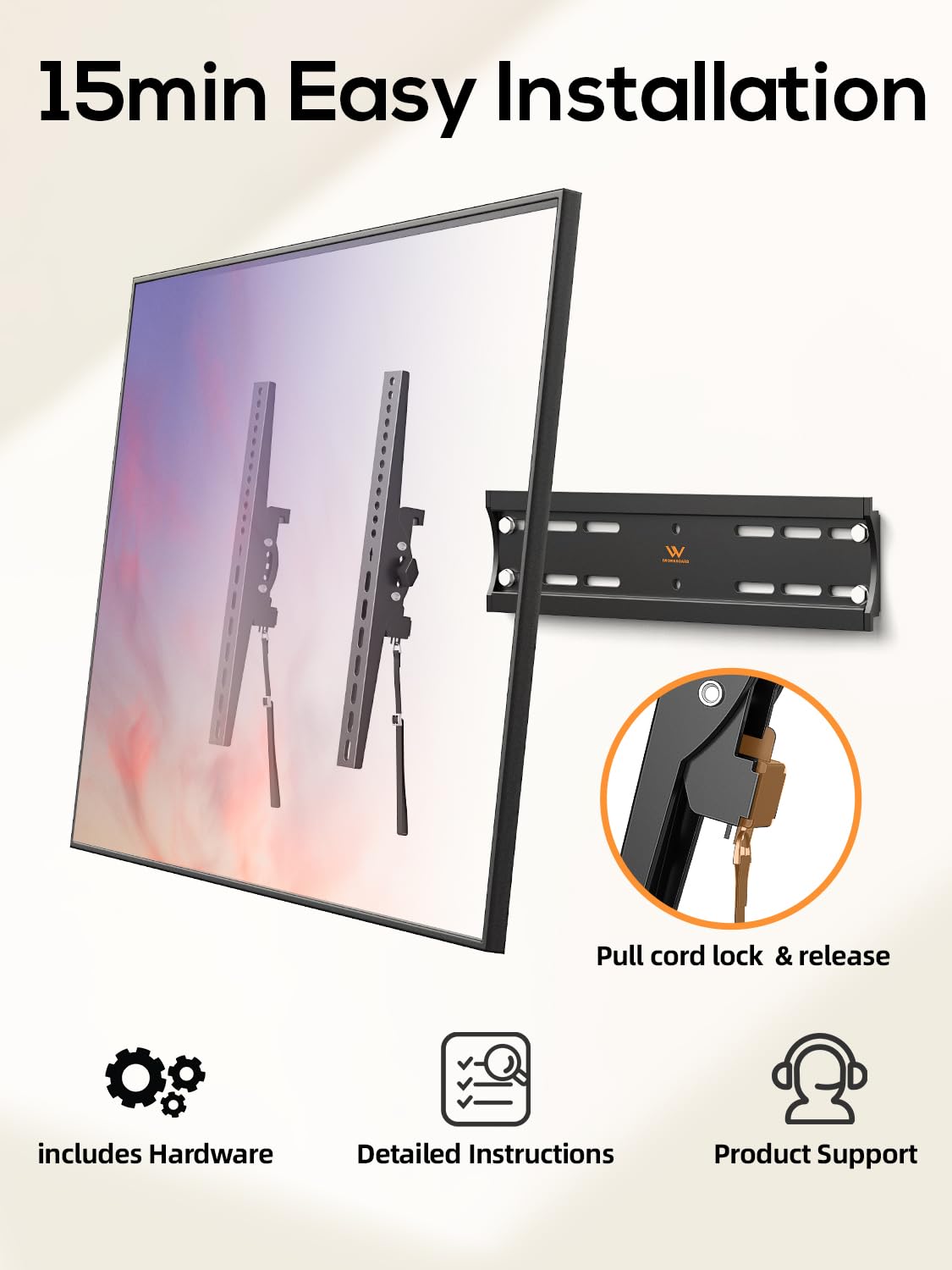 IWORKBOARD 55 65 75 85 inch Tilting TV Wall Mount for 32-90 '' TVs, Low Profile TV Mount Bracket, Safe Lock & Quick Release, Max VESA 600x400mm, 24 inch Studs,132 lbs, Fit Most 55+ 75+ 85+ 86 TVs