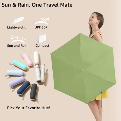 BAODINI Reiseutensilien Mini-Regenschirm für die Handtasche mit Etui Klein Kompakt UV-Sonnenschutz Leicht Winzig Tasche Manuelles Öffnen und Schließen Regenschirm für Damen, Kinder und Herren Passt in Handtasche Rucksack