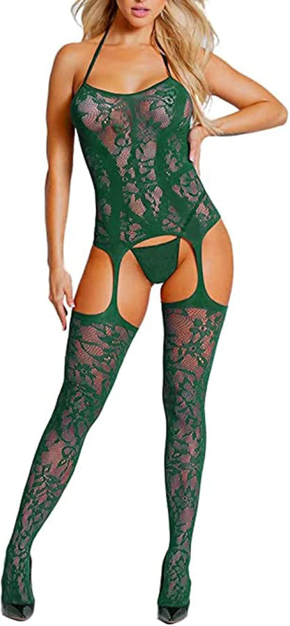 RSLOVE Damen Netz Bodystocking mit befestigten Strümpfen, sexy Dessous, offenem Schritt Body, Einteiler Babydoll, Einheitsgröße