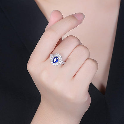 AMDXD 18K White Gold Rings for Women, Luxury Flower Rings for Girls Blue Sapphire 1.8ct with White Diamond Womens Ring, 8, 18K white gold, Cubic Zirconia