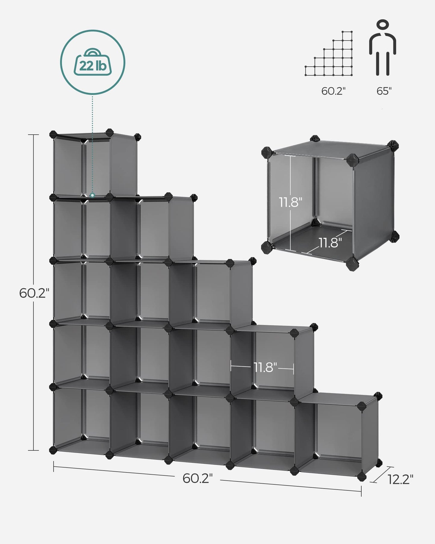SONGMICS Cube Storage Organizer, Set of 16 Plastic Cubes, Closet Organizers and Storage, Room Organization, Bedroom Living Room, 12.2 x 48.4 x 48.4 Inches, Rustic Brown ULPC442A01