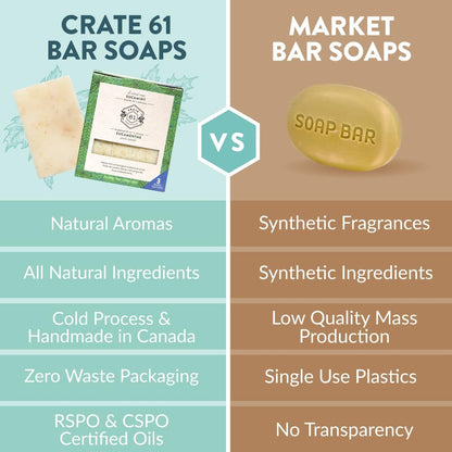 CRATE 61 ORGANICS Vegane Naturseife, handgemachte Seife mit hochwertigen ätherischen Ölen, kaltgepresst für Gesicht und Körper für Männer und Frauen, 3er-Pack (4 oz, Riegel) (Eucamint)